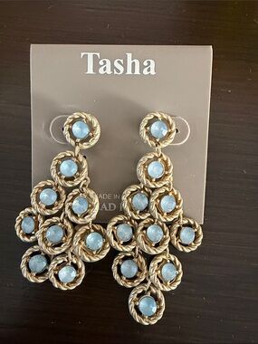Tasha Gold Chandelier Earrings with Light Blue Stones